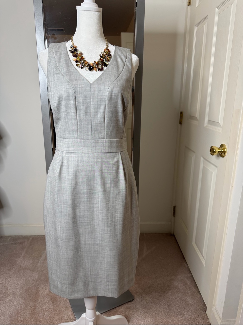 J. Crew Light Gray Sleeveless V-Neck Midi Sheath Dress